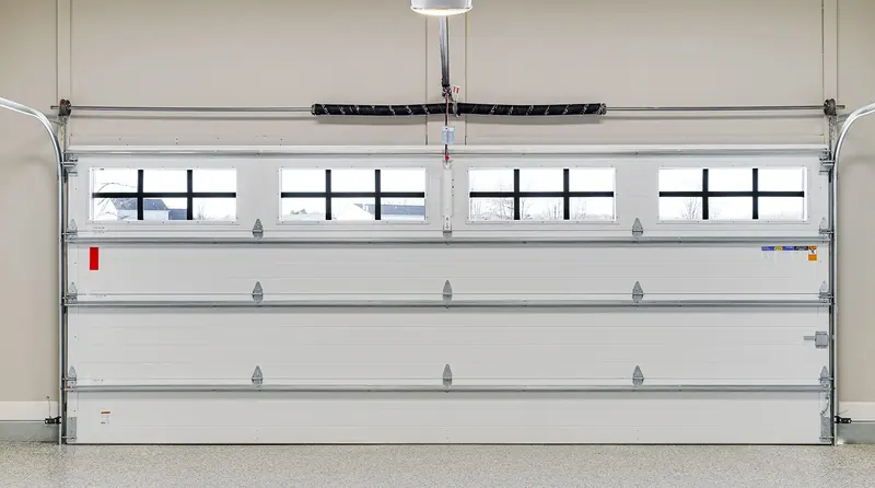 Inside view of a garage door with torsion spring, hinges and windows