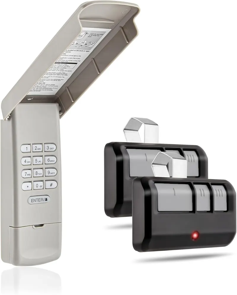 Garage door keypad and two remote controls
